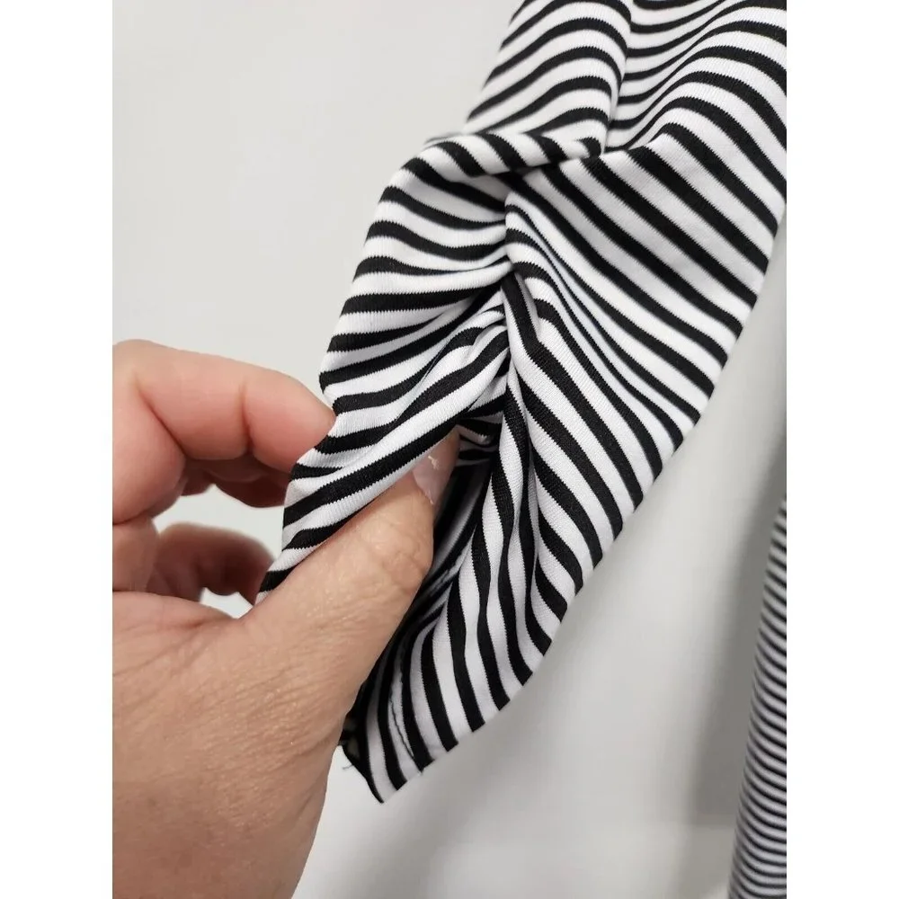 Perceptions Womens Black White Striped Cardigan Size 8 Cascading‎ Ruched Sleeve